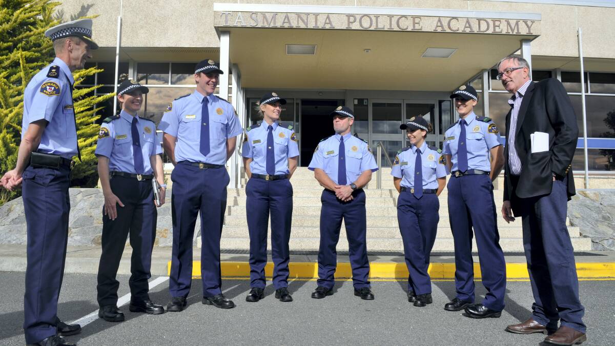 Police Commissioner Darren Hine and  Police Minister Rene Hidding with Tasmania Police trainees.
