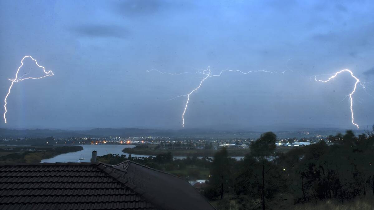 Lightning captured over Launceston from Riverside yesterday morning. Picture: PHILLIP BIGGS