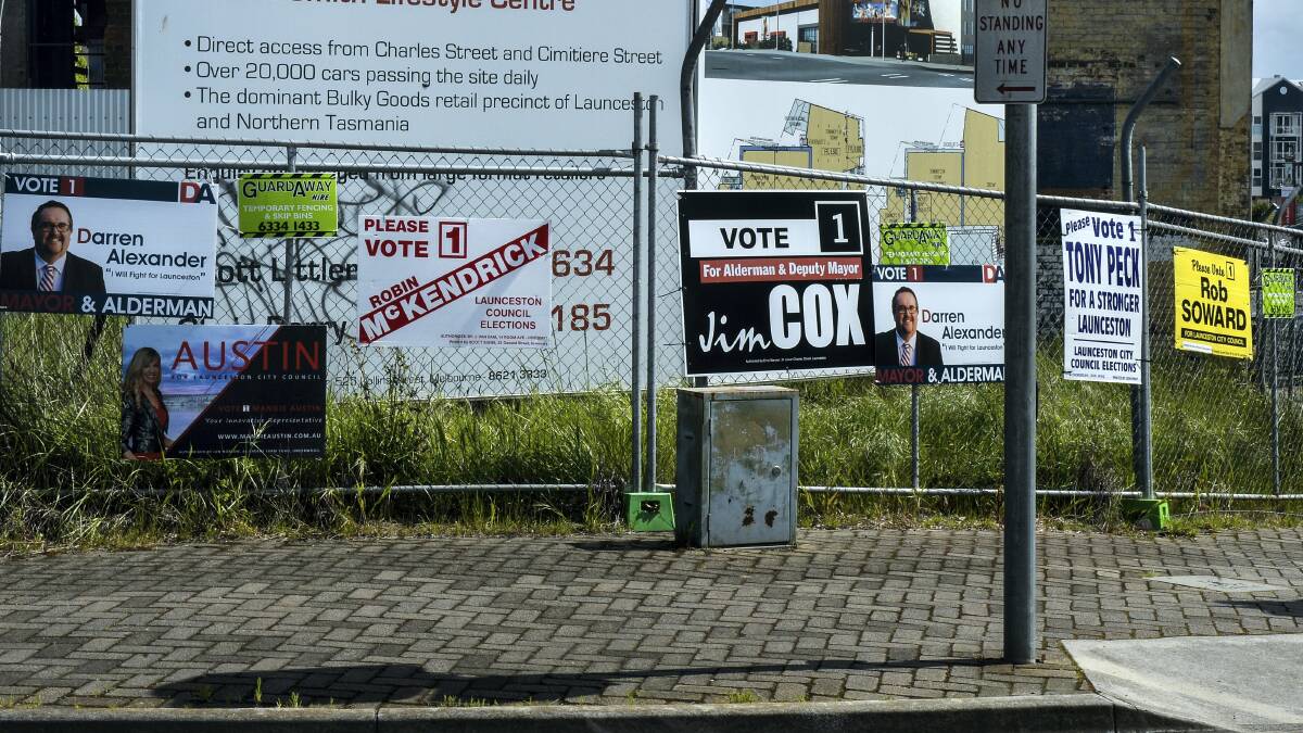 Posters for council candidates at the C.H. Smith site in Launceston. Candidates are limited to 50 corflutes or signs. Picture: NEIL RICHARDSON