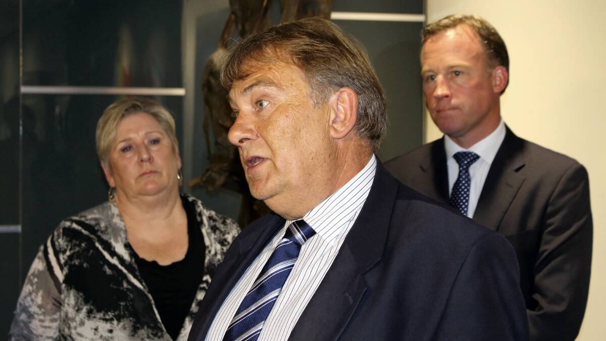 Forest Industries Association of Tasmania chief executive Terry Edwards talks to media, flanked by Tasmanian Farmers and Graziers Association chief executive Jan Davis and premier-elect Will Hodgman.  Picture: SIMEON THOMAS-WILSON