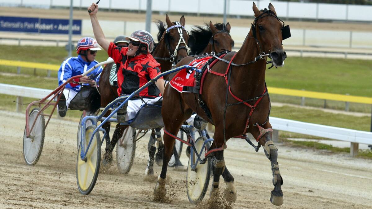 Driver Nathan Ford gives a big victory salute as he scores an emotional win on Star Chamber in the Tasmania Cup in Hobart yesterday. Picture:  PETER STAPLES