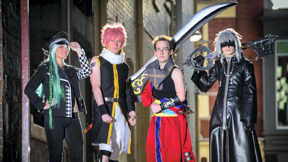 Ready for action are Sharyl Sward, as Yokio from Amnesia, Chris Stirling, as Natsu from Fairy Tail, Ash Penner, as Auron from Final Fantasy 10 and Carl Mortell, as Riku from Kingdom Heart Series. Picture: PHILLIP BIGGS