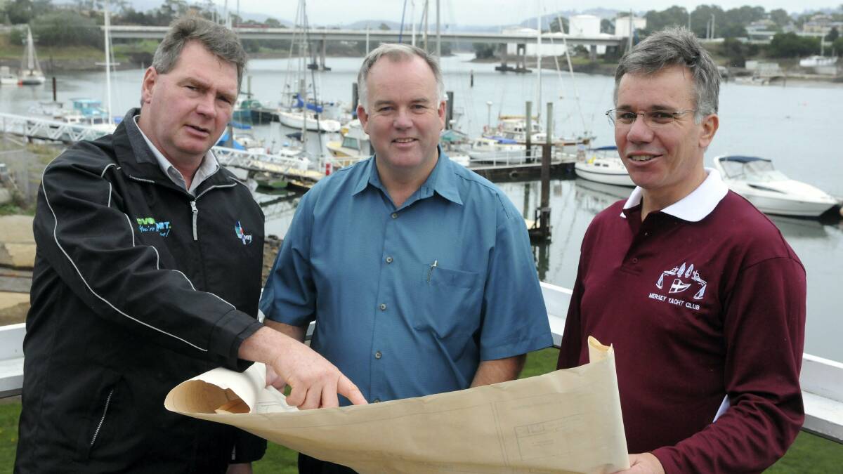 Charting a new course for the Three Peaks Race are Devonport  Mayor Steve Martin,  chairman of the  Three Peaks Race organising committee  Terry Travers and Mersey Yacht Club commodore   Tim Grant. Picture: PAUL SCAMBLER.