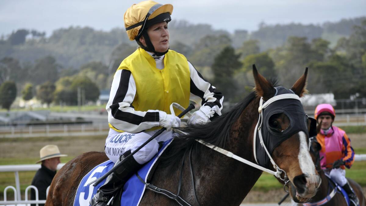 Jockey Kim Moore brings Sheza Fatty Boomba  back to scale after  the mare won for the first time in 38 starts at Spreyton on Saturday. Picture: GREG MANSFIELD