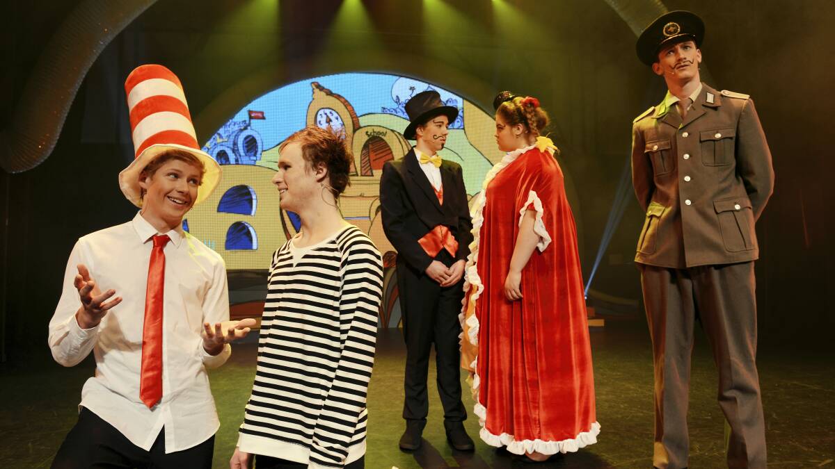 Rehearsing at the Princess Theatre for Launceston College's production of Seussical are Cameron Grant as The Cat in the Hat, Zeke Guest as Jo Jo, Hayden Lyons as Mr Mayor, Leila Evans as The Mayor and Daniel Reader as The General. Picture: SCOTT GELSTON
