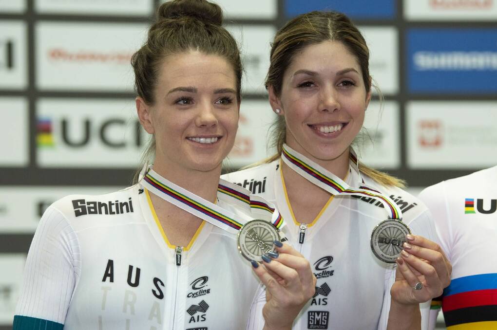 Silver lining: Amy Cure and Georgia Baker win silver in the womens madison at the track world championships in Poland. Picture: Casey Gibson