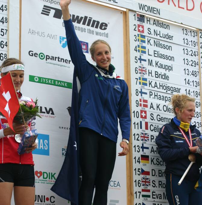 Allston celebrates her 2006 orienteering world title in Denmark. Picture: Julia Hutchinson