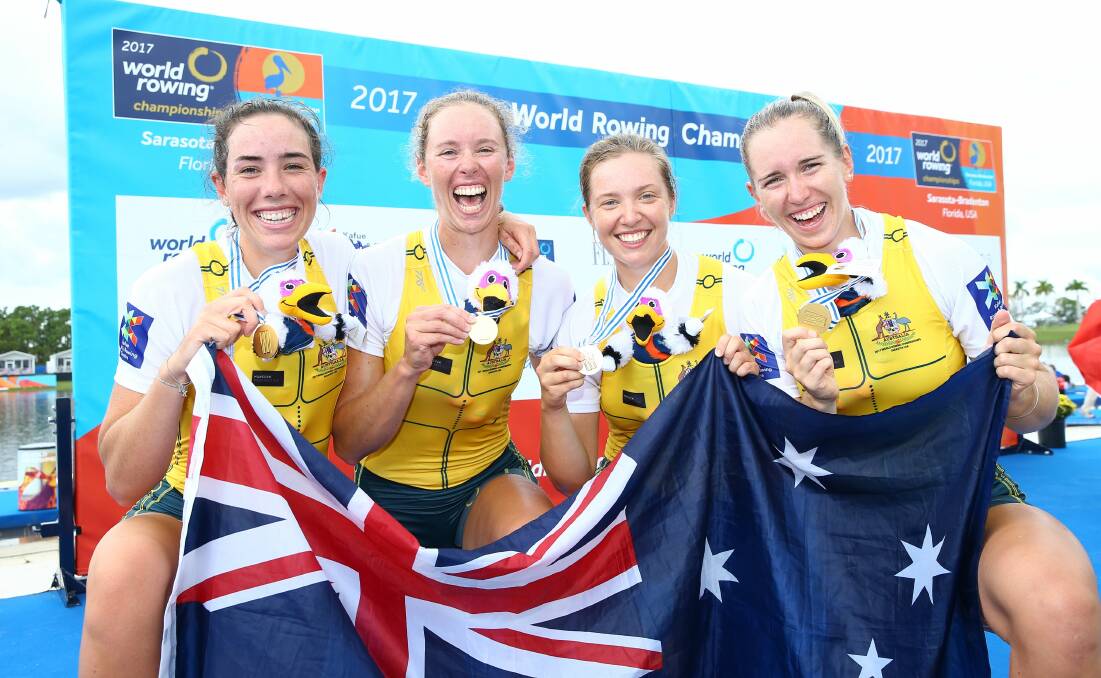 Australia's 2017 women's four world champions Molly Goodman, Sarah Hawe, Kat Werry and Lucy Stephan with their medals in Florida. Picture: Rowing Australia