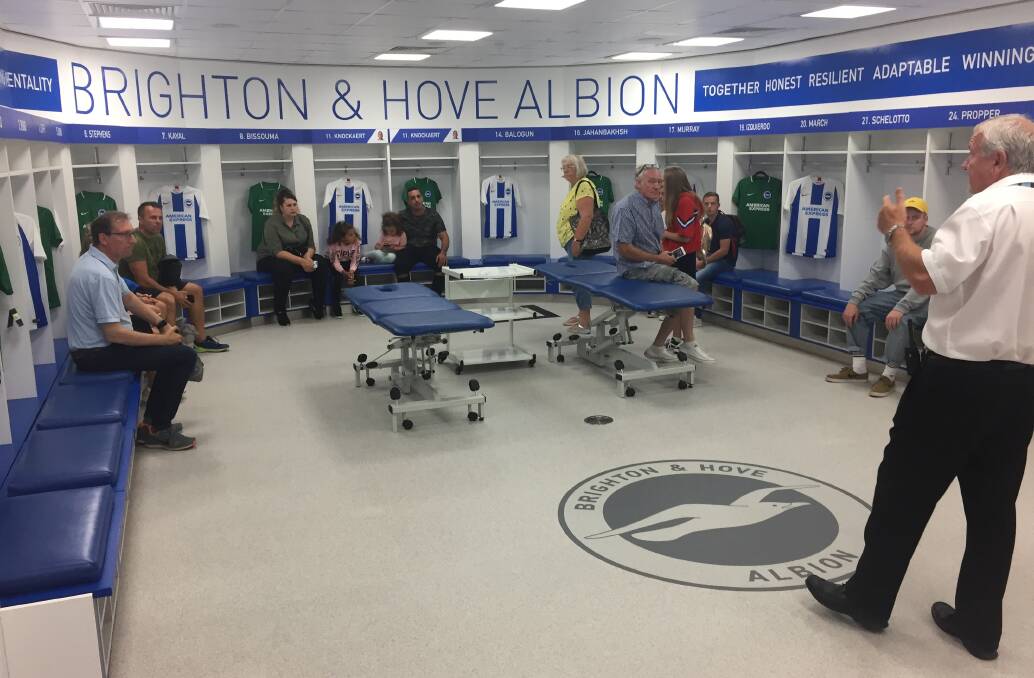 Seagull droppings: Fans visit the dressing rooms during a tour of Brighton and Hove Albion's Amex Ground in 2018. Three Brighton players have contracted coronavirus this week. Picture: Rob Shaw