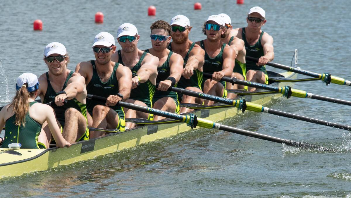 ROWED AHEAD: The Australian men's eight competing at World Cup 2 in Poland with Henry Youl second from right. Picture: Facebook