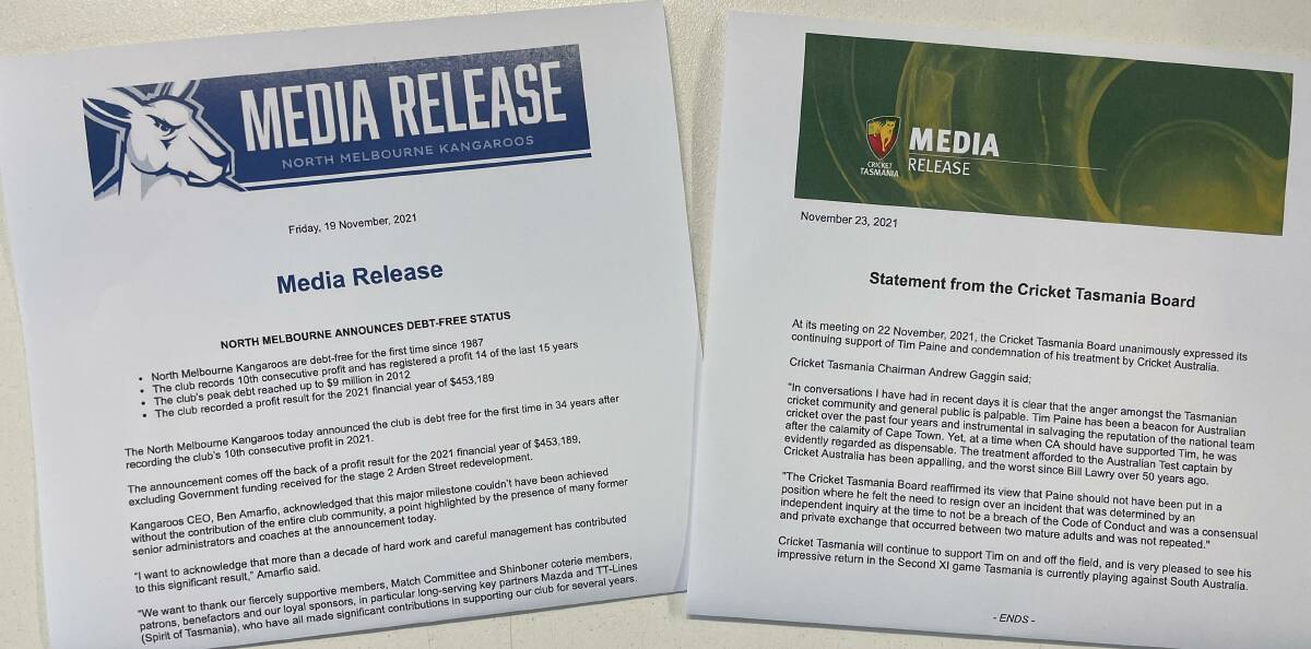 MEDIA WATCHING: Press releases from North Melbourne and Cricket Tasmania.