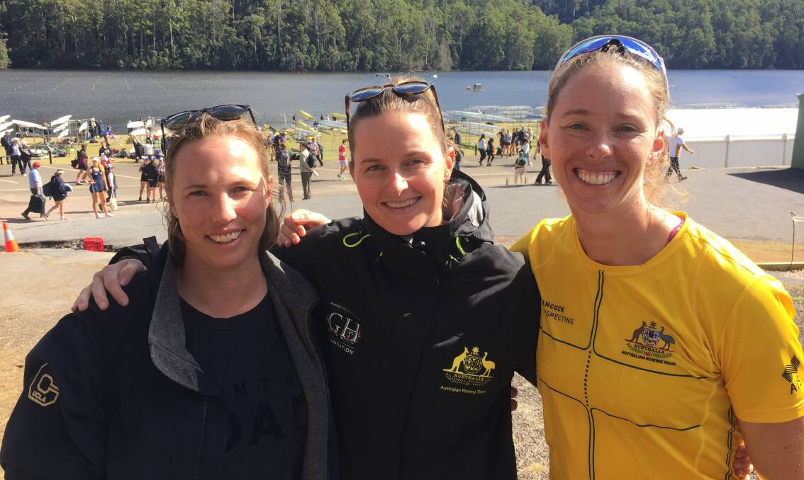 Ciona Wilson (centre) with 2016 and 2020 Olympians Meaghan Volker and Sarah Hawe respectively at this year's national championships at Lake Barrington. Picture: Rob Shaw