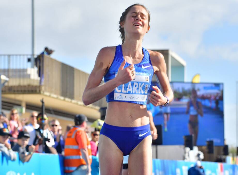 Marathon effort: Milly Clark shows the exhaustion as she completes the Gold Coast Marathon earlier this month.