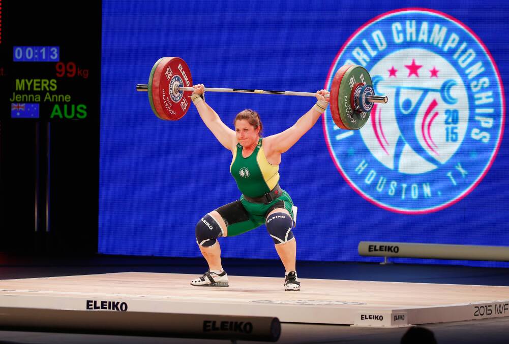 Weight and see: Jenna Myers competes at the 2015 weightlifting world championships in Houston, Texas. Picture: Getty Images