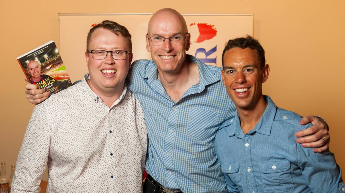 Book ends: The Examiner's acting editor Corey Martin, sports editor Rob Shaw and Tour de France cyclist Richie Porte at the launch of Shaw Things on Friday. Picture: Phillip Biggs