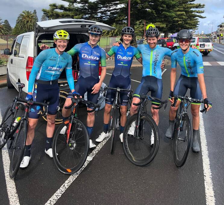 Strait talking: Tasmanian cyclists Zack Gilmore, Josh Duffy, Daniel DiDomenico, Kaine Cannan and Ben Van Dam competing at the Tour of the Great South Coast. Picture: Facebook