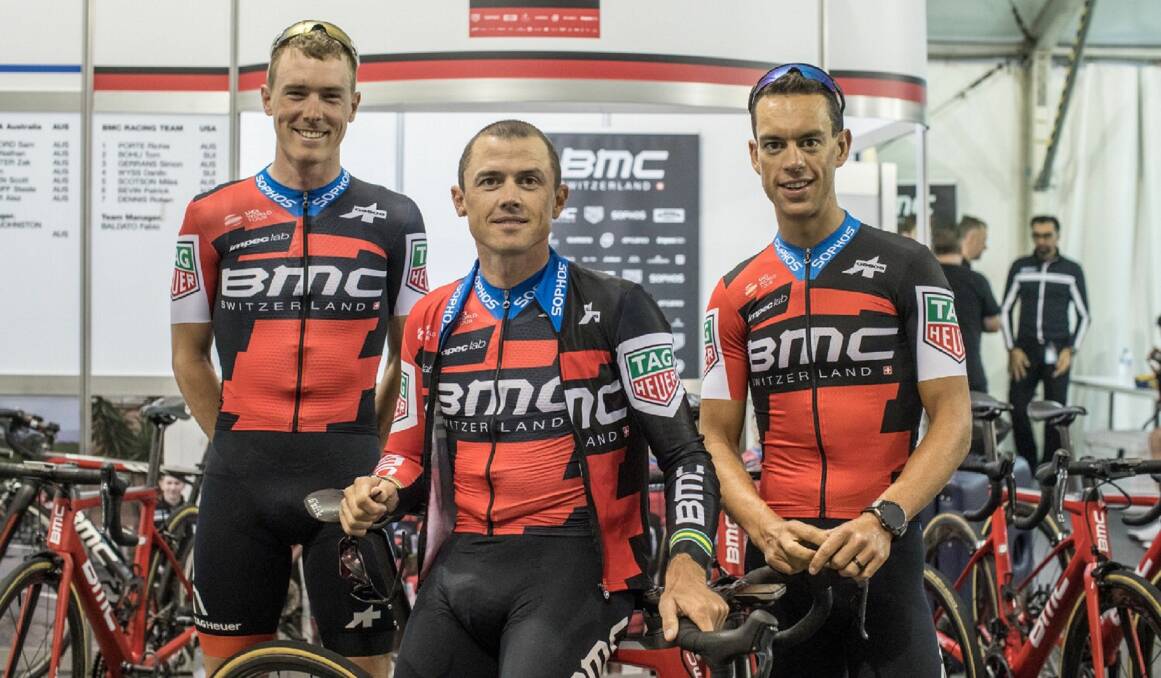 Red army: Australian cyclists Rohan Dennis, Simon Gerrans and Richie Porte in their team colours. Picture: BMC.