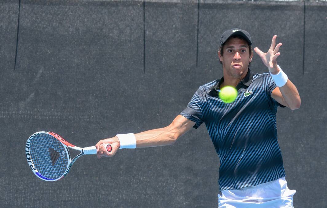 Eye on the ball: Frenchman Tristan Lamasine hits a forehand at the Launceston International. Pictures: Paul Scambler