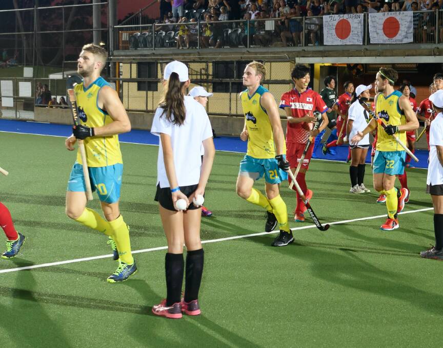 Jack Welch (no.21) and Josh Beltz (no.10) running out for the Kookaburras in Darwin in September. Picture: Hockey Australia