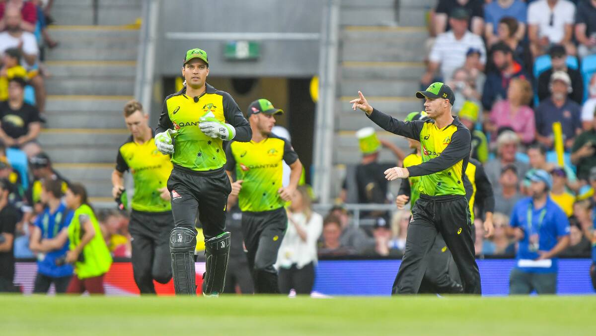 National service: Australian players make an increasingly-rare appearance at Bellerive Oval for a Twenty20 against England in 2018.