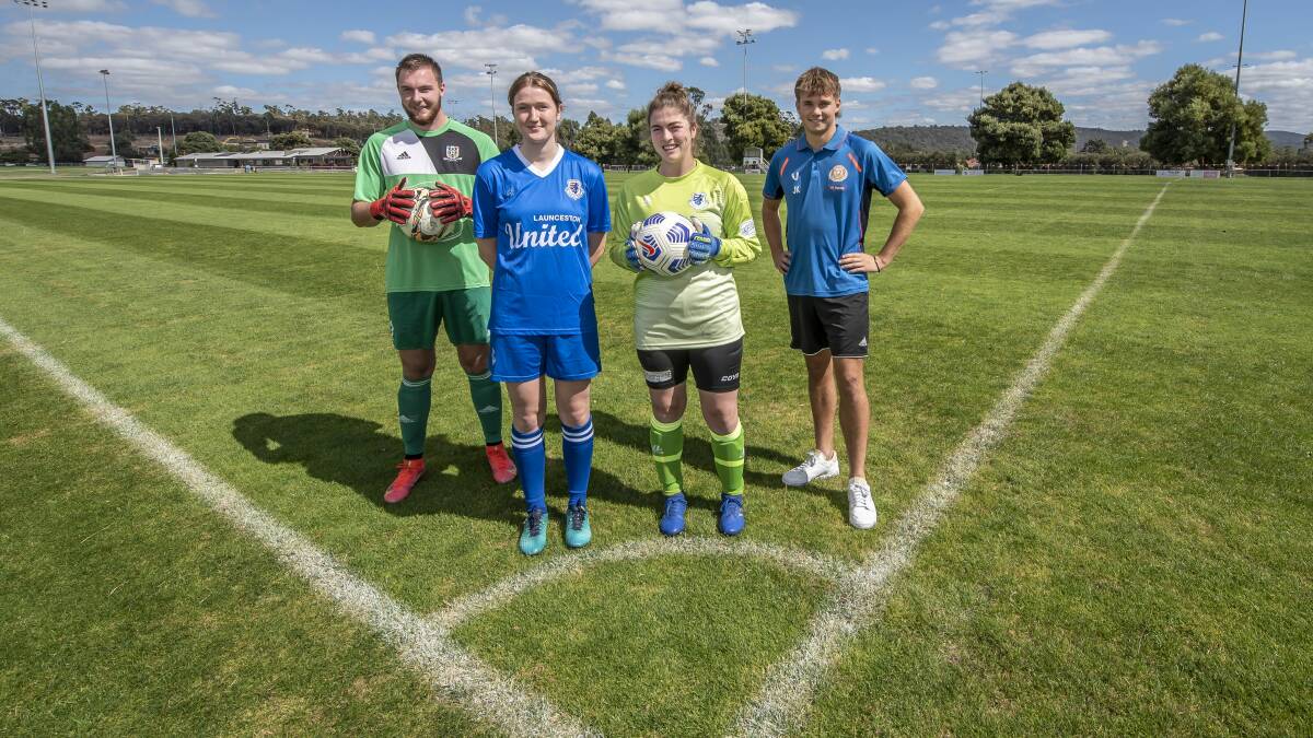 State of the state: Lachlan Clark, of Launceston City, Maddy Lohse and Imogen McCormick, of Launceston United, and Riverside Olympic's Jasper King prepare for 2021 statewide competitions. Picture: Craig George. 