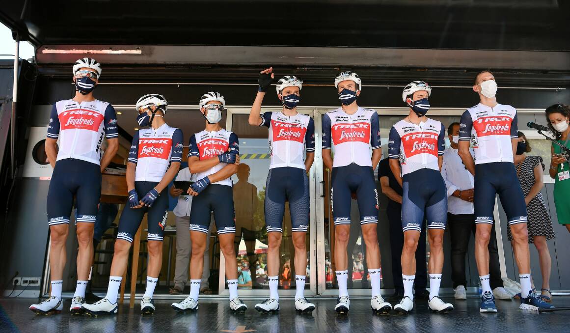 Masked marauders: Tasmanians Will Clarke, Richie Porte (first and third from the left) and teammates masked up for the Tour D'Occitanie in France. Picture: Trek-Segafredo