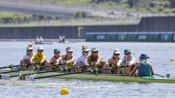 The women's eight crew including Sarah Hawe (centre in white) in training this week. Picture: Rowing Australia