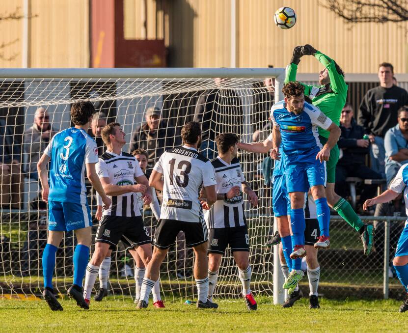 HIGH ACHIEVER: Launceston City goalie Lochie Clark in action during the friendly against Olympia at Prospect Park on Saturday. Picture: Phillip Biggs 