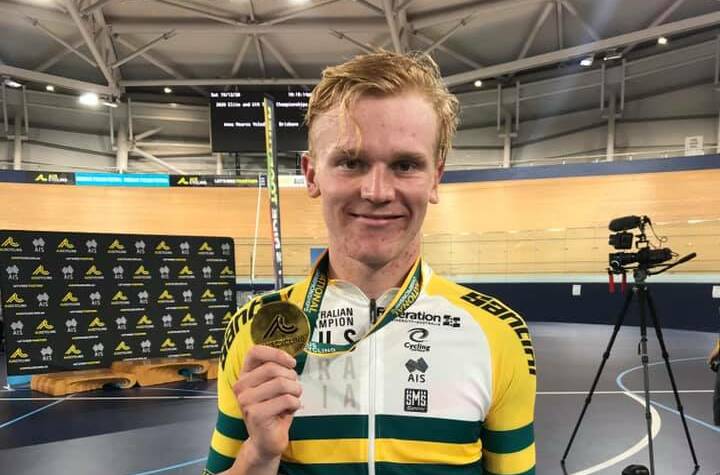 National service: Josh Duffy with his gold medal from the elite scratch race at the Australian track titles in Brisbane. Picture: Facebook