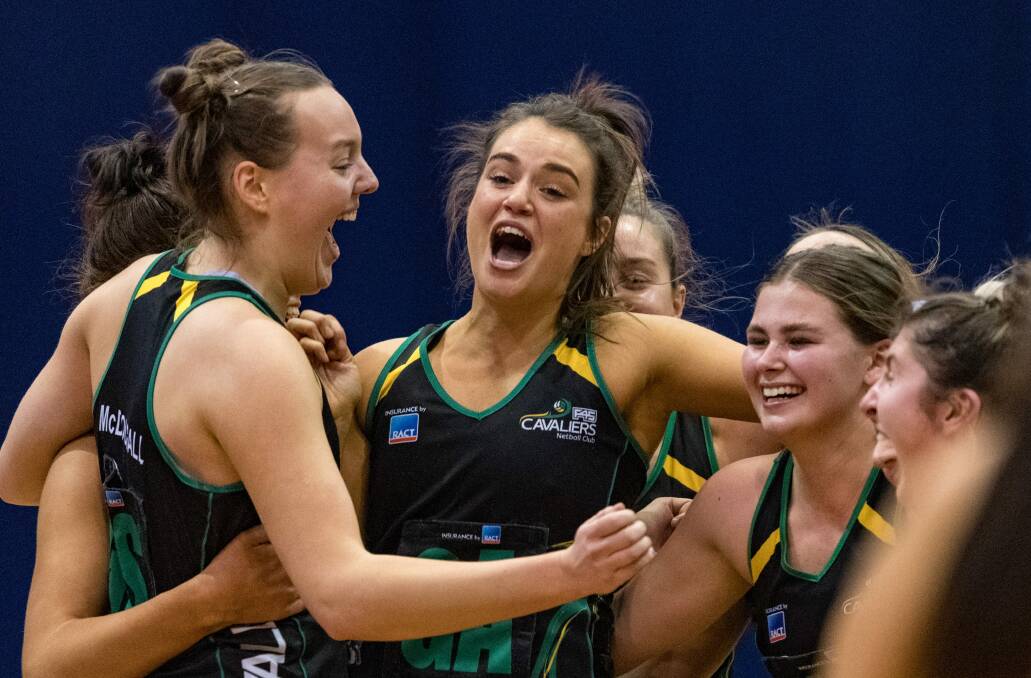 Roar emotion: Estelle Margetts (centre) leads the celebrations as the Cavaliers win Saturday's State League grand final. Picture: Phillip Biggs