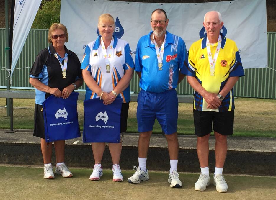 Champs: The winning pairs from the state senior championships at Latrobe, Cheryl Watts, Maggie Campbell, Peter Barrett and Don Campbell. Picture: Brad Cole