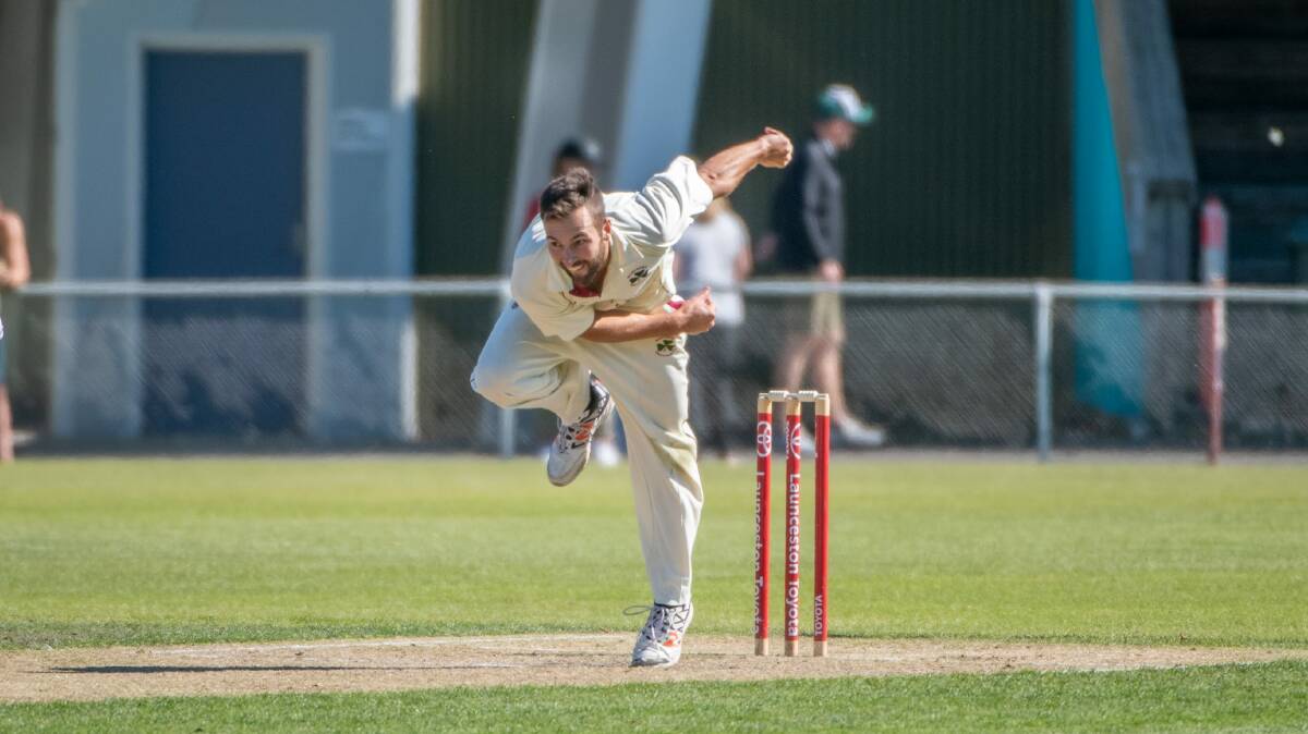 LISTEN UP CHAPS: Jono Chapman bowling for Westbury in the Cricket North grand final against Launceston. Picture: Paul Scambler