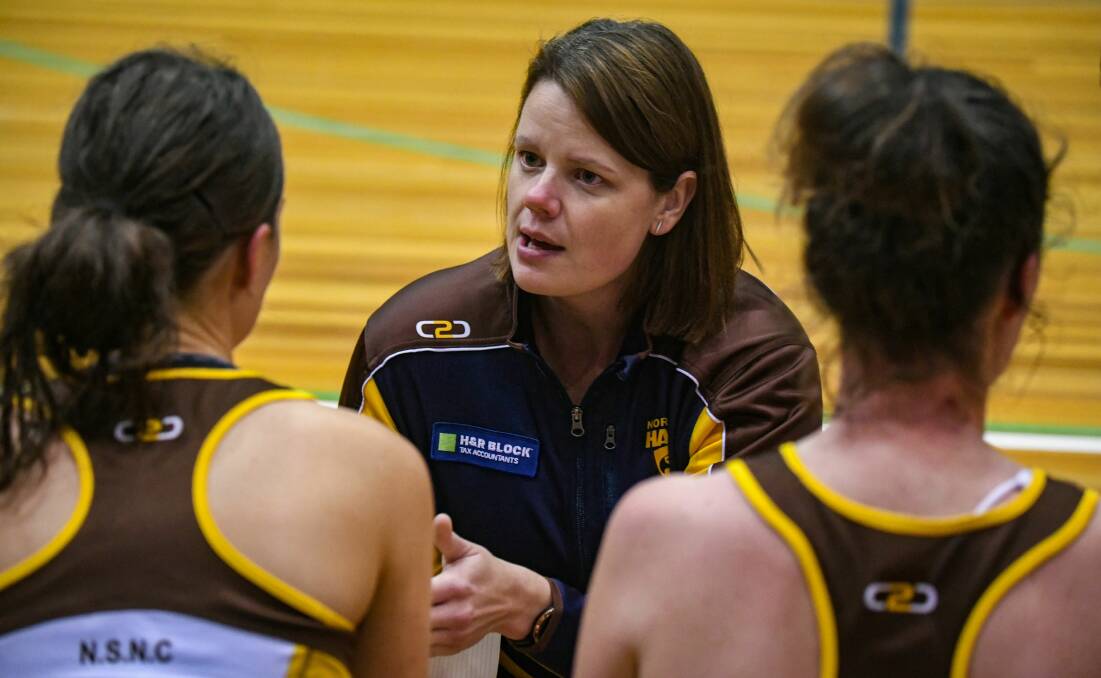 Eye contact: Northern Hawks co-coach Ruth Tuohy gets a message across to her players at the Silverdome earlier this season. Picture: Paul Scambler.