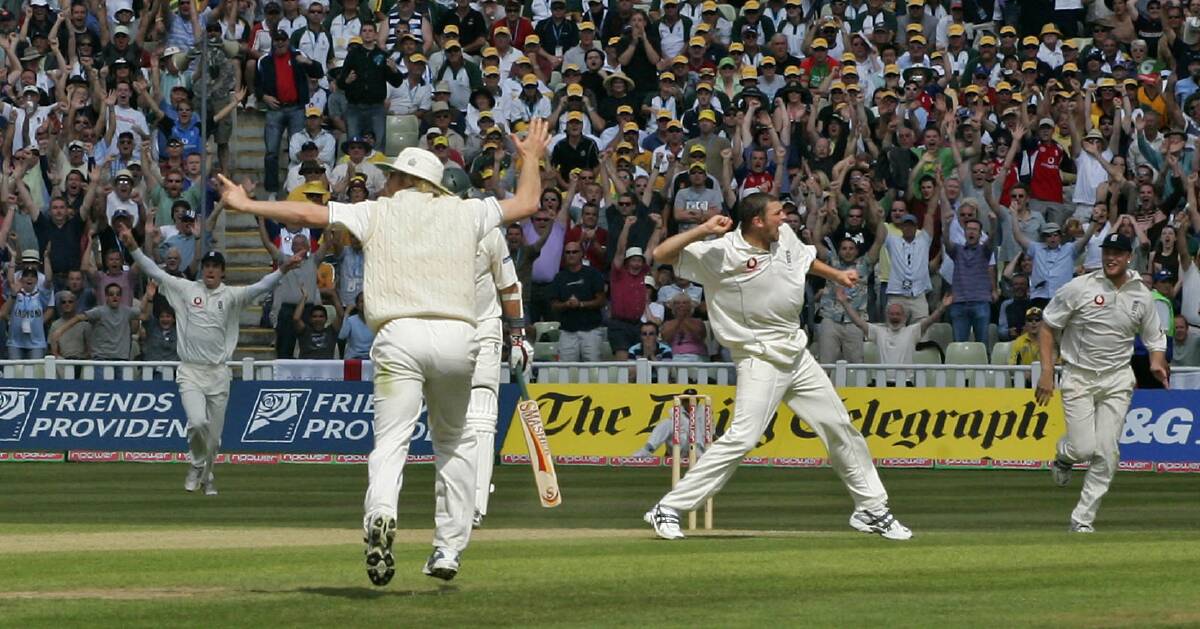 Living on the Edg: England's Steve Harmison celebrates taking the wicket of Australia's Michael Kasprowicz to seal victory at Edgbaston in 2005. Picture: AP