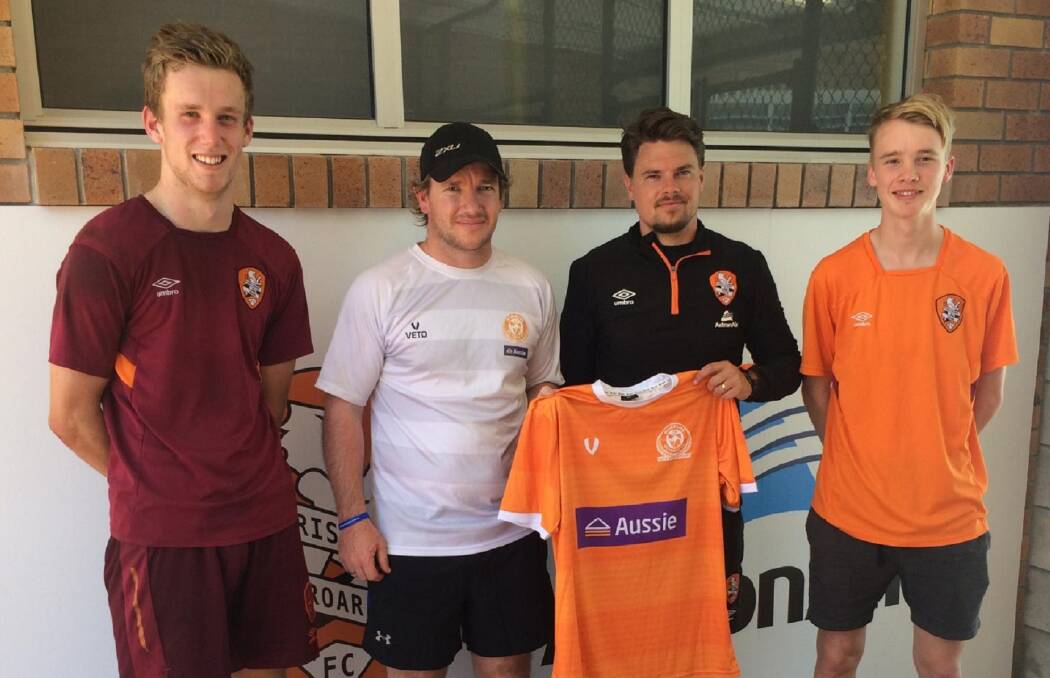 Olympic games: Riverside's Jarrod Hill, 
Alan Eadie and Liam Gilmore (right) 
with Brisbane Roar academy 
director Drew Sherman.