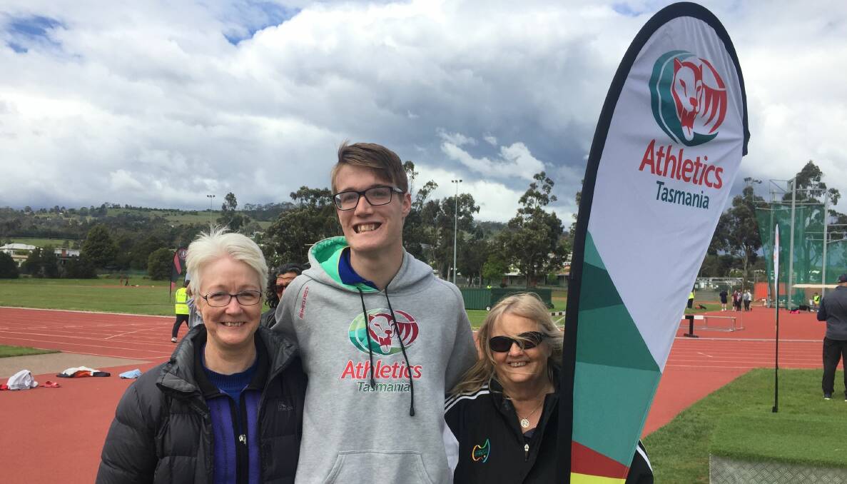 On track: Para athlete Xander McKillop with his mum Linda McKillop and coach Rosemary Coleman at St Leonards last week. Picture: Rob Shaw