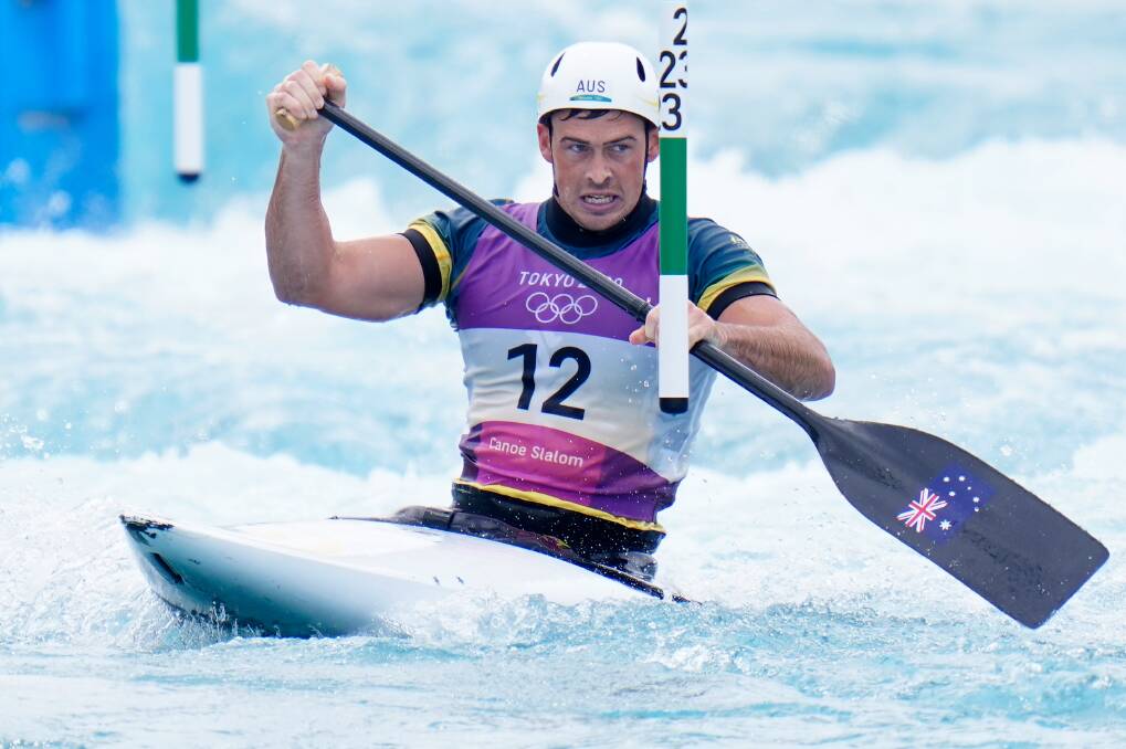 DIGGING IN: Daniel Watkins during the men's canoe slalom at the Tokyo Olympic Games. Picture: AAP