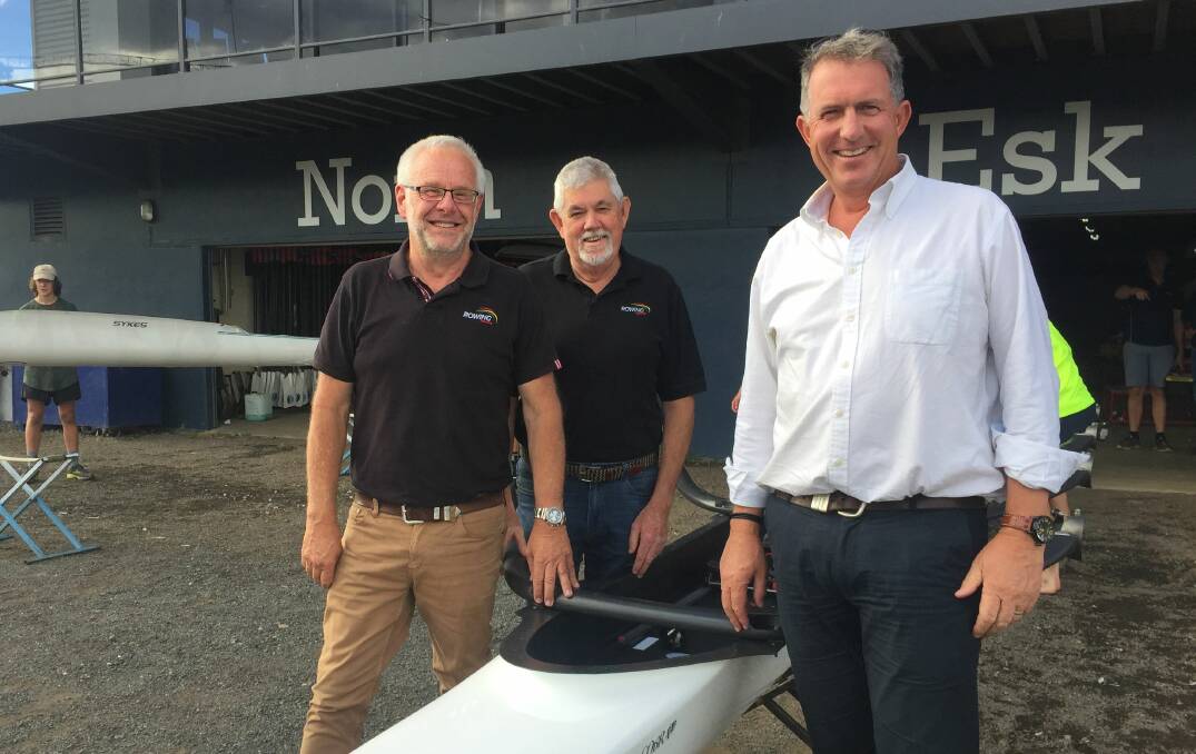 Oar inspiring: Rowing Tasmania executive officer Rob Prescott and president Jim Gibson with Rowing Australia executive officer Ian Robson at North Esk RC. Picture: Rob Shaw