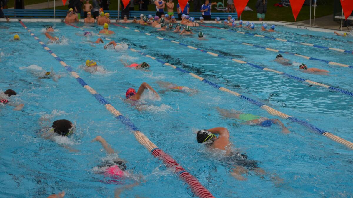 Swimmers go through their paces during warm up for the Riverside medal meet.