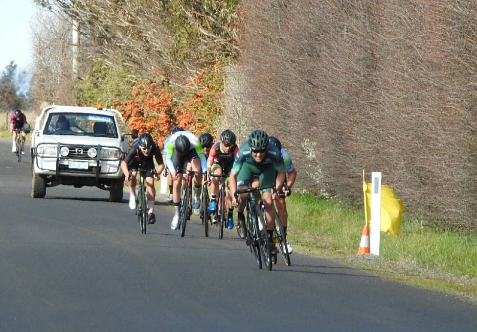 PAVING THE WAY: Jason Lea outsprints Scott Bowden and Ben Van Dam to the men's road title. Picture: Cycling Tasmania
