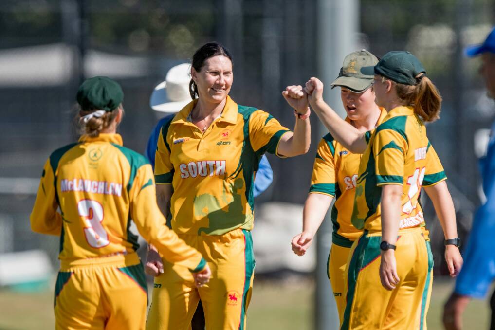 FIST BUMP: South Launceston bowler Belinda Wegman celebrates a wicket against Mowbray at NTCA no 2. Pictures: Phillip Biggs