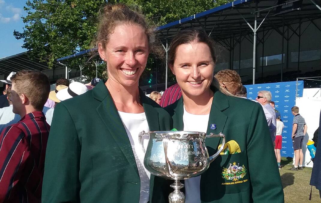 Tasmanian rowers Sarah Hawe and Ciona Wilson with the spoils of victory at the Henley Royal Regatta.