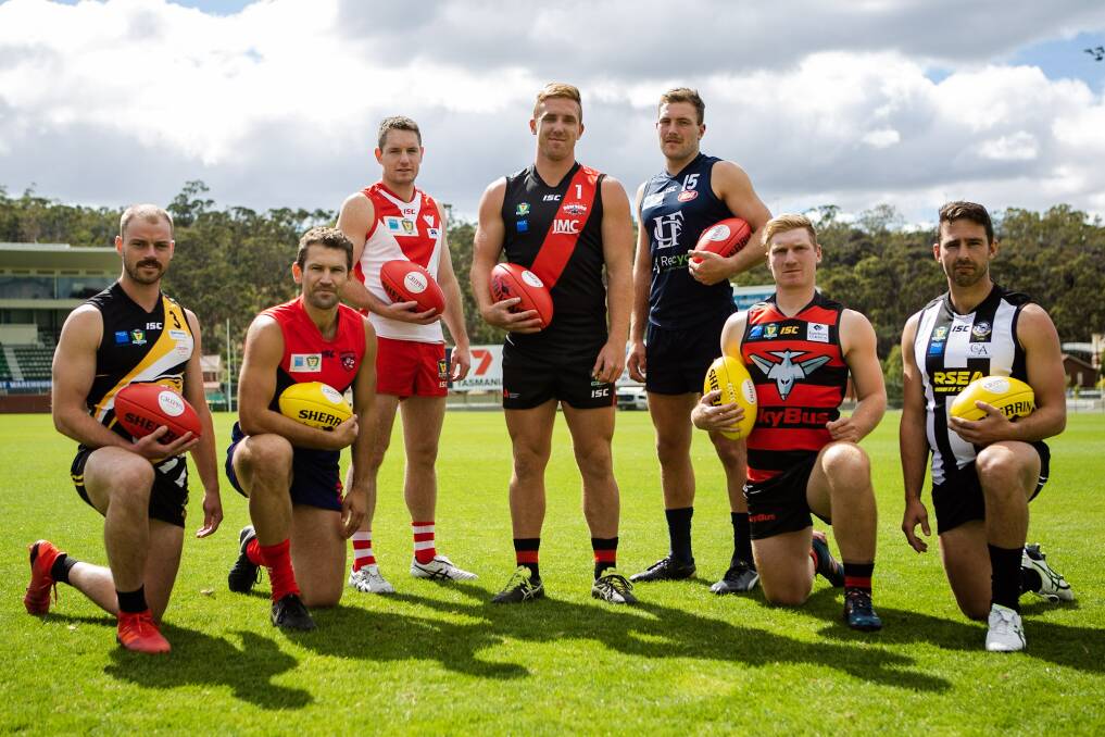 Seven up: Representatives of the seven State League clubs gather for the 2019 season launch. Picture: Solstice Digital