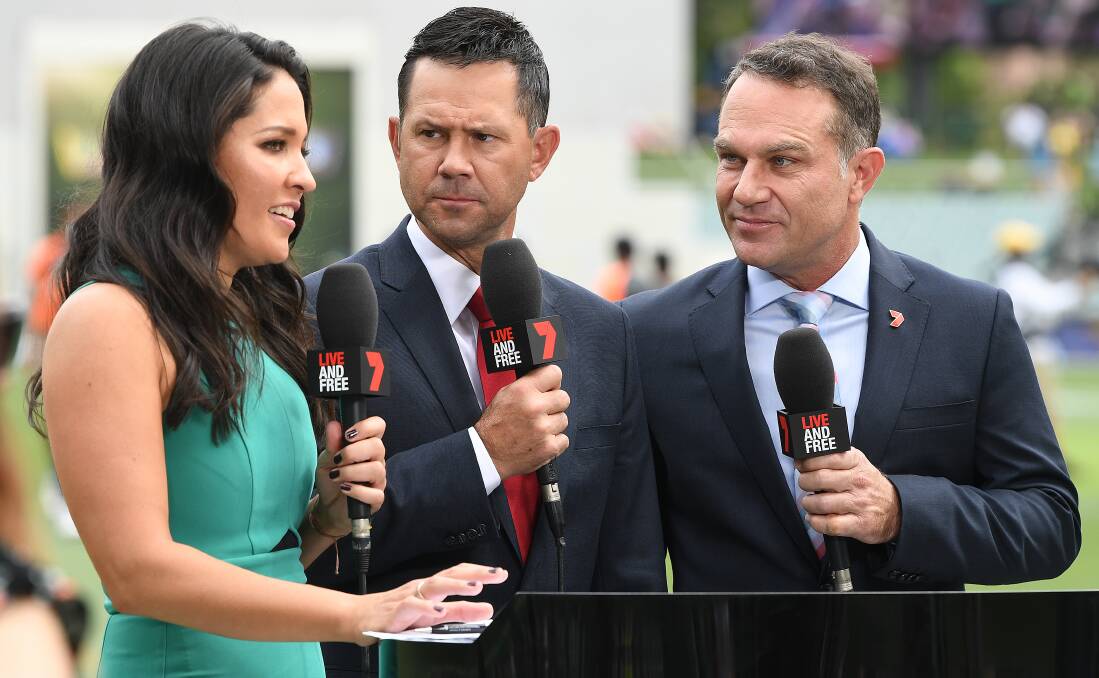 Seventh heaven: Mel McLaughlin fronts the Channel Seven cricket commentary team with former Test batsmen Ricky Ponting and Michael Slater at the Adelaide Oval. Pictures: AAP 