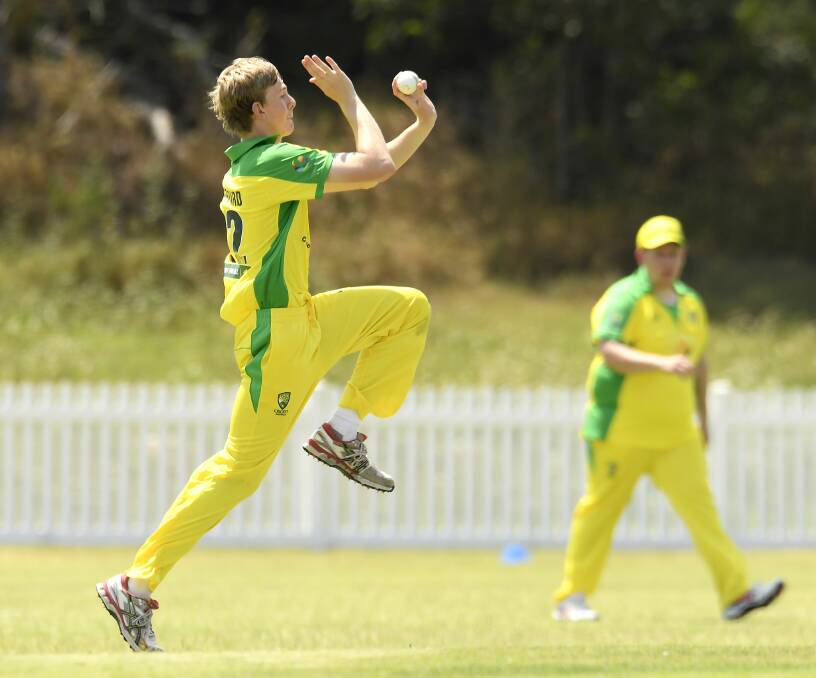 Quick fire: Connor Sheppard bowls for Australia at the INAS Global Games in Brisbane. Pictures: Cricket Australia