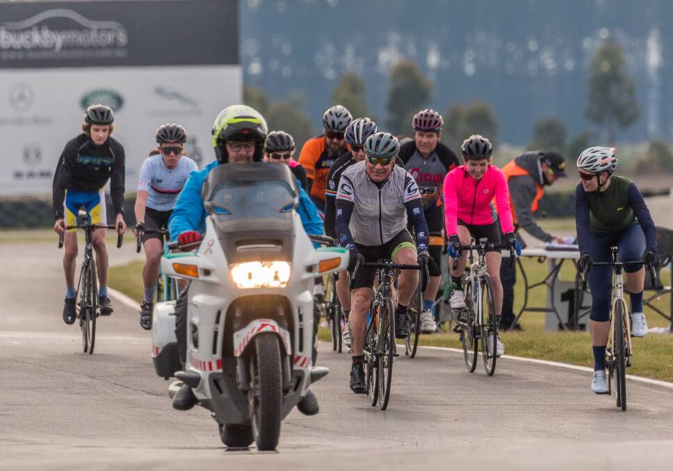 On their marks: Action from cycling's return to racing at Symmons Plains on Saturday. Picture: Phillip Biggs