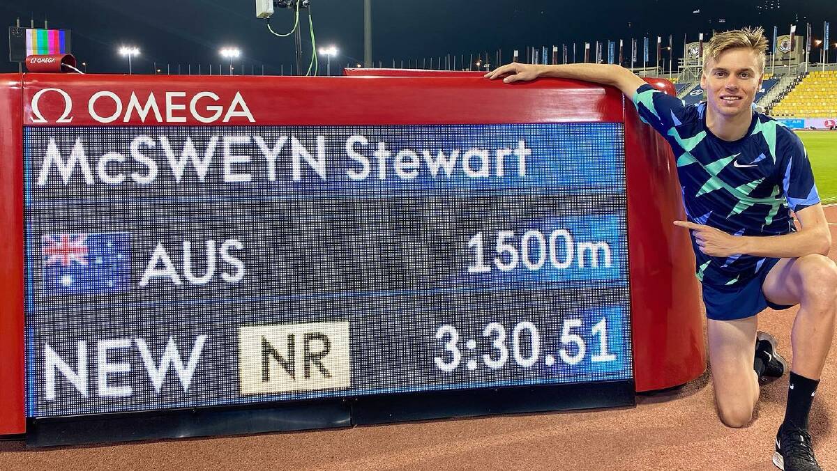 CLOCK THAT: Stewart McSweyn points to his new Australian record over 1500m in Qatar in September.