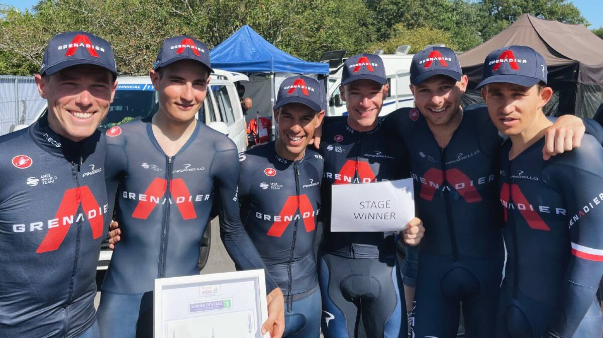 Richie Porte (third from left) and his INEOS teammates after winning the team time trial at the Tour of Britain. Picture: Twitter