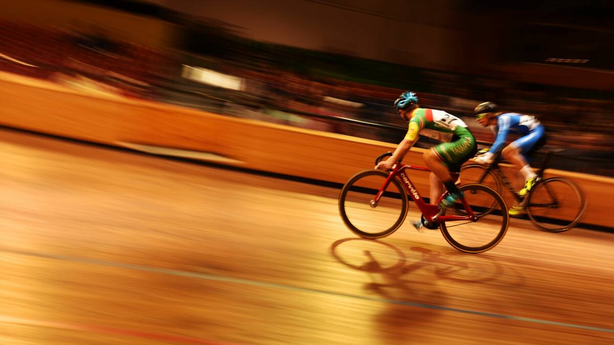 Tasmania's Ryan Lawson in action against Victoria's Graeme Frislie at the junior national track cycling championships at the Silverdome in February, 2016.