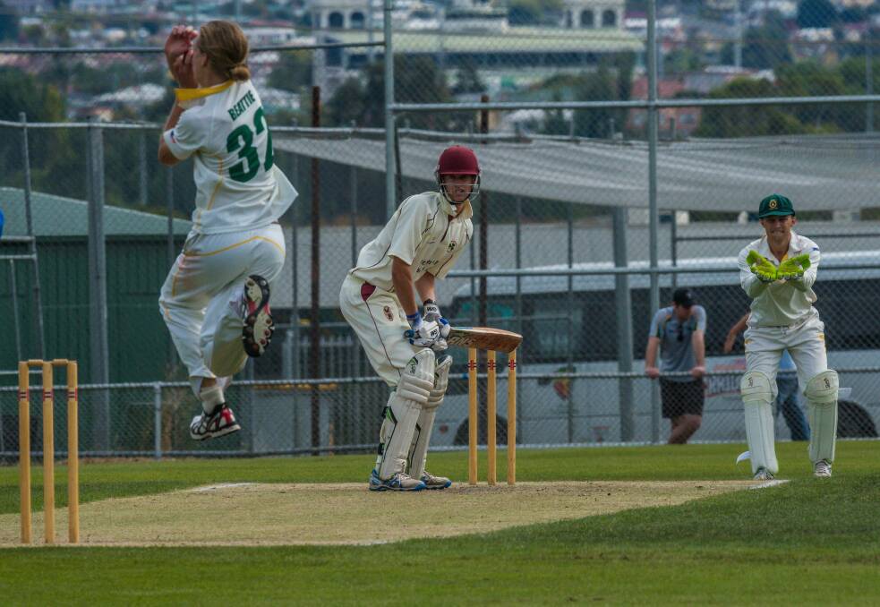 Incoming: Westbury batsman Daniel Murfet facing South Launceston bowler James Beattie. Picture: Phillip Biggs
